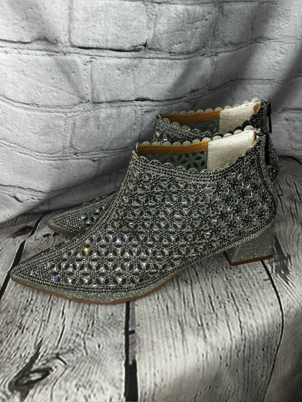 Cinderella Gatsby Glam Fairytale Chic Block Heel Evening Mesh Ankle Booties GUC